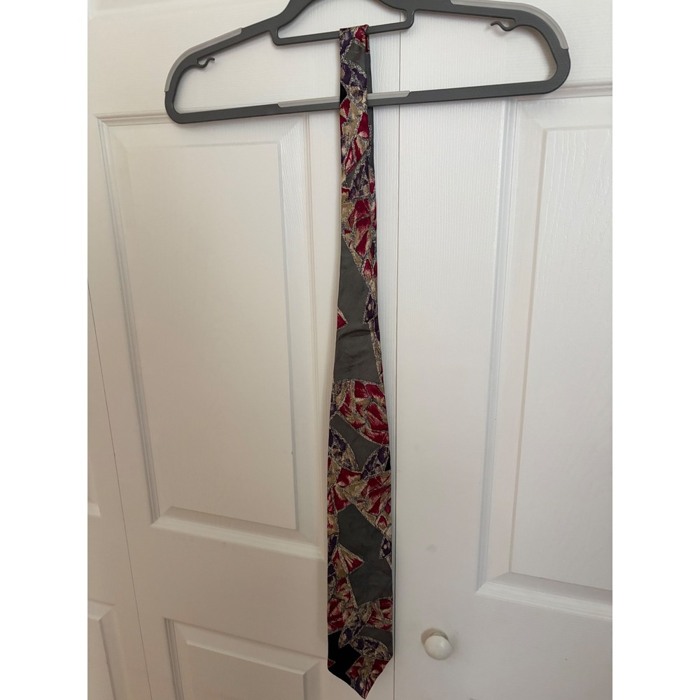 Benchmark Mens Extra Long Silk‎ Tie Geometric Abstract Red Grey Purple USA Made